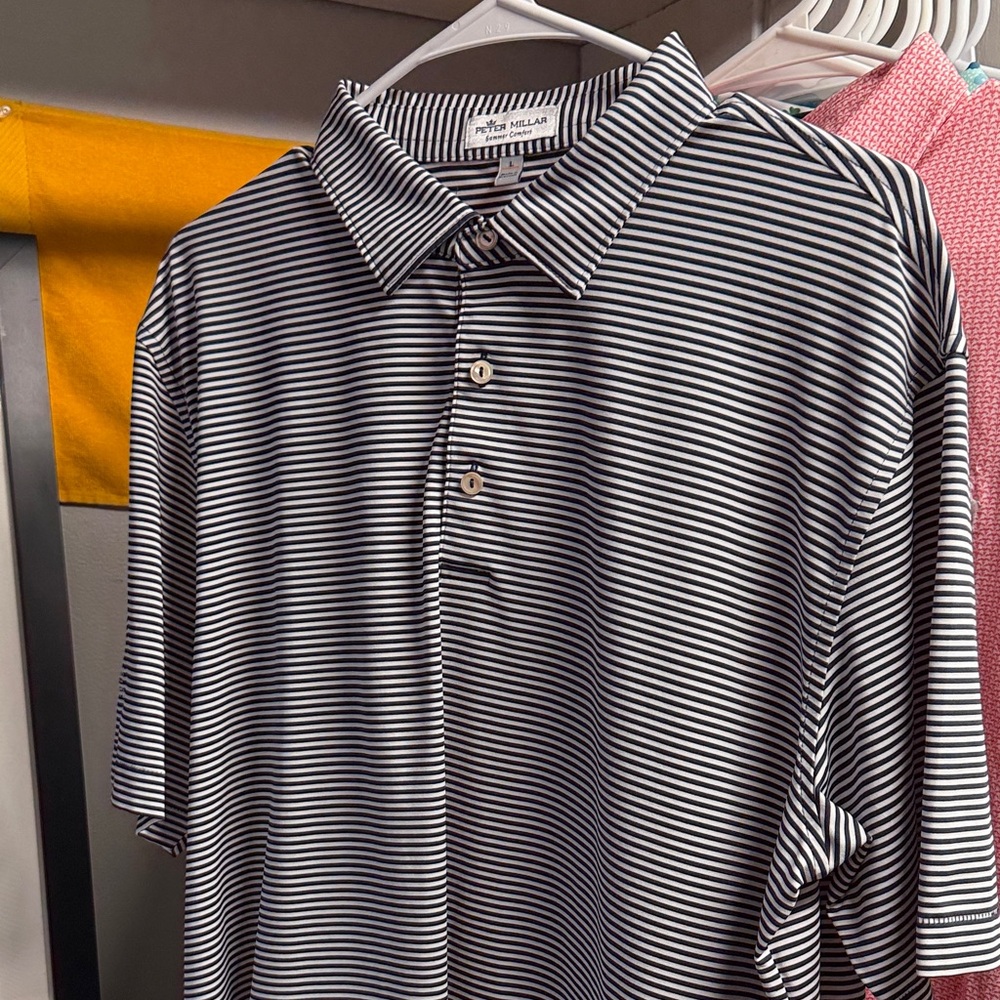 Peter Millar Men's Black and White Striped Polo